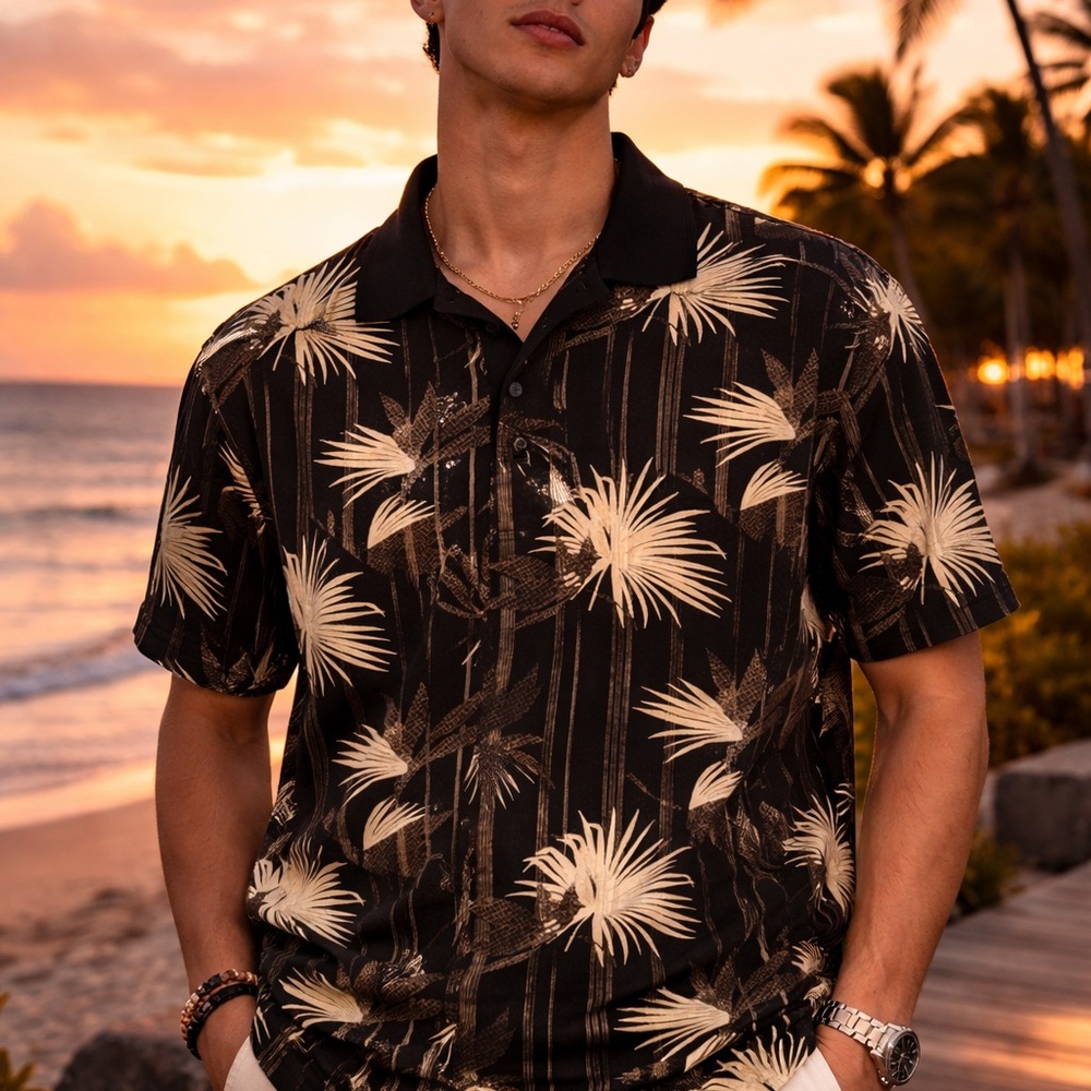 Hawaiian Black Palm-Print Short-Sleeve Polo XL 100% Cotton Made in India